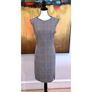 BOSS Hugo Boss Dress Womens Large Black White Sheath Sleeveless Houndstooth Work